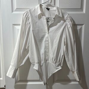 Express White Puff Sleeve Button Down Top with Notched Collar